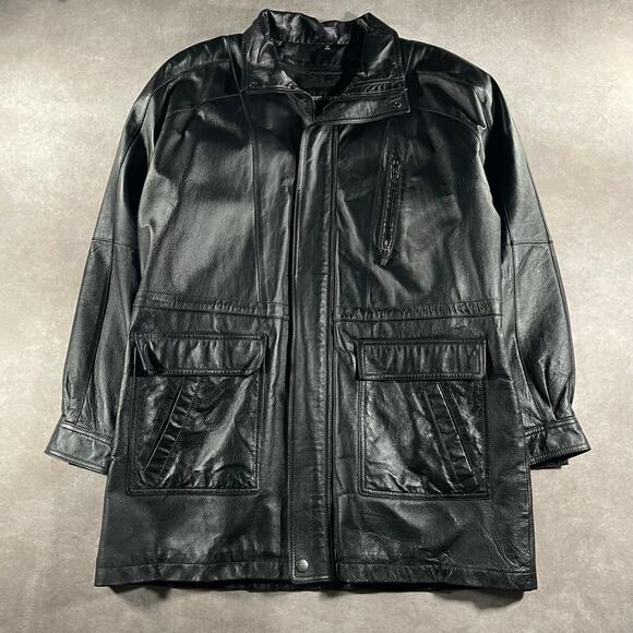 90’s Niko Leather Soft Winter Warm Casual Black Leather Trench Coat - Picture 1 of 8